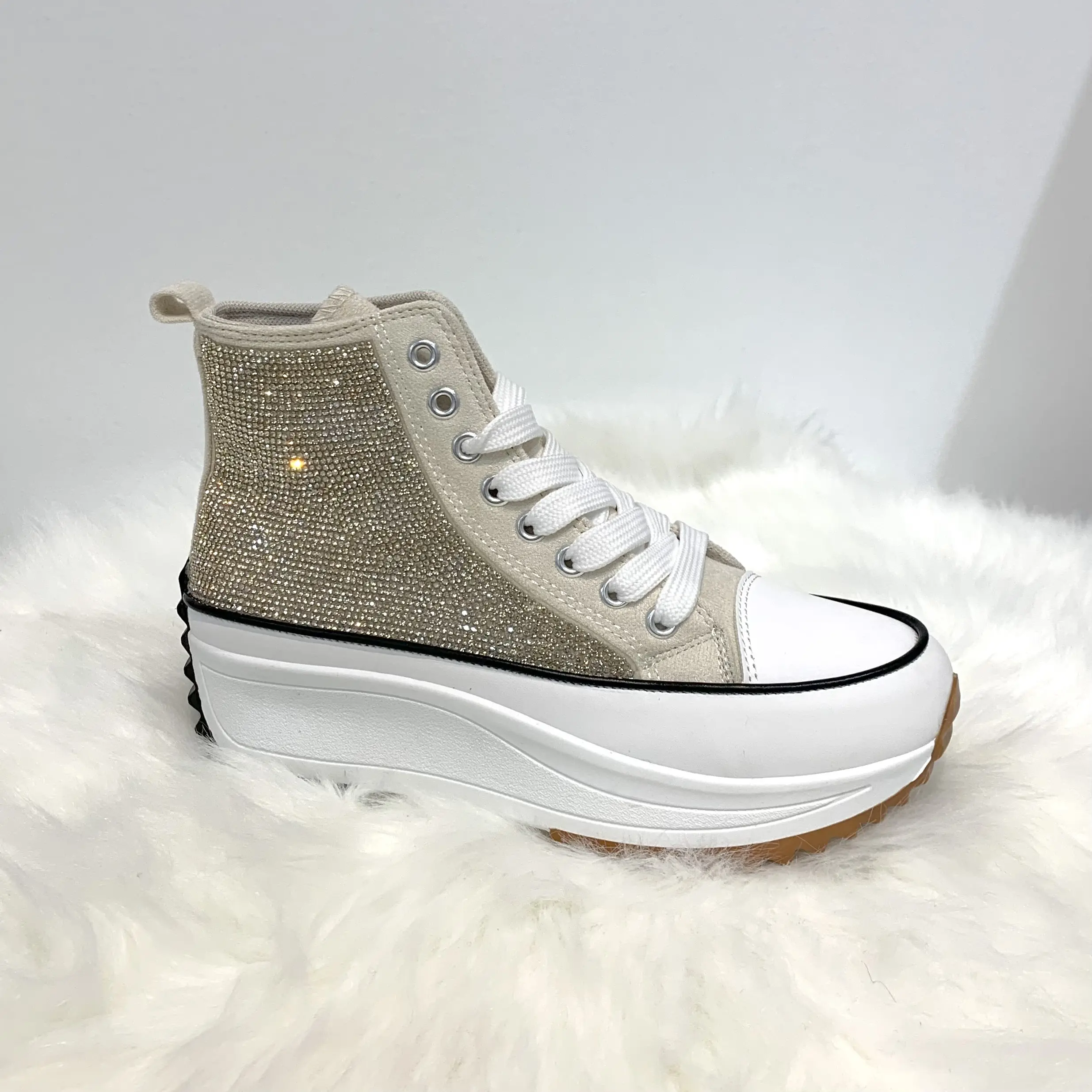 Women's Rhinestone Platform High-Top Lace-Up Casual Sneakers - Streetwear Shoes, Footwear for Walking and Running Errands Suede Lace Up Athletic, Shoes For Women, Sneakers For Women