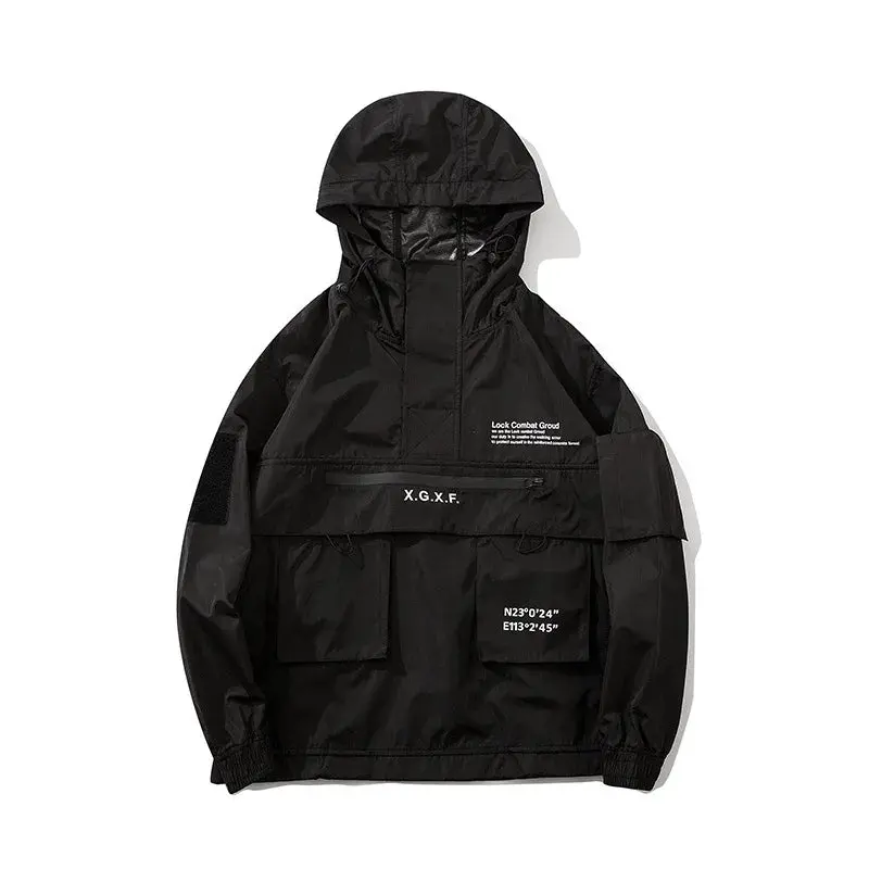 HKSH Men's Darkwear Tactical Jacket with Hood Zipper Closure Punk Style Casual Wear Polyester Sweatshirts Outerwear Coats Menswear Pocket