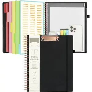 Leather Clipboard Folio with Notepad for Letter Size, Spiral Clipboard Folder with Storage Zipper Pouch, 5 Folders with 10 Pockets, 39 Divider Label Stickers, Pen Loop Series (Black)