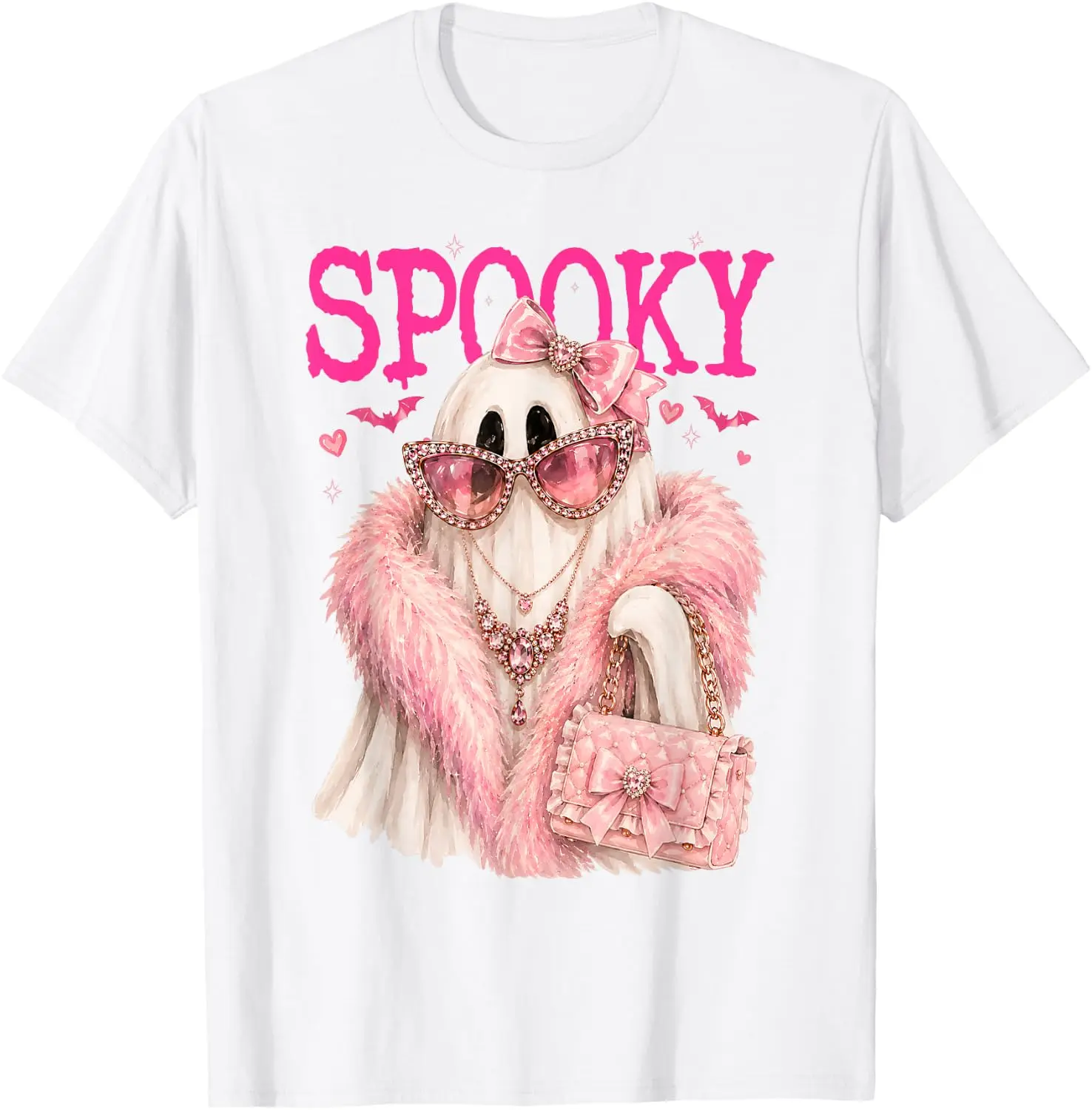 Spooky Glam Ghost T-Shirt, Preppy Halloween Novelty Graphic Tee for Women, Classic Unisex Fit in Breathable Cotton Apparel, Fluffy, Hearts, Shortsleeve