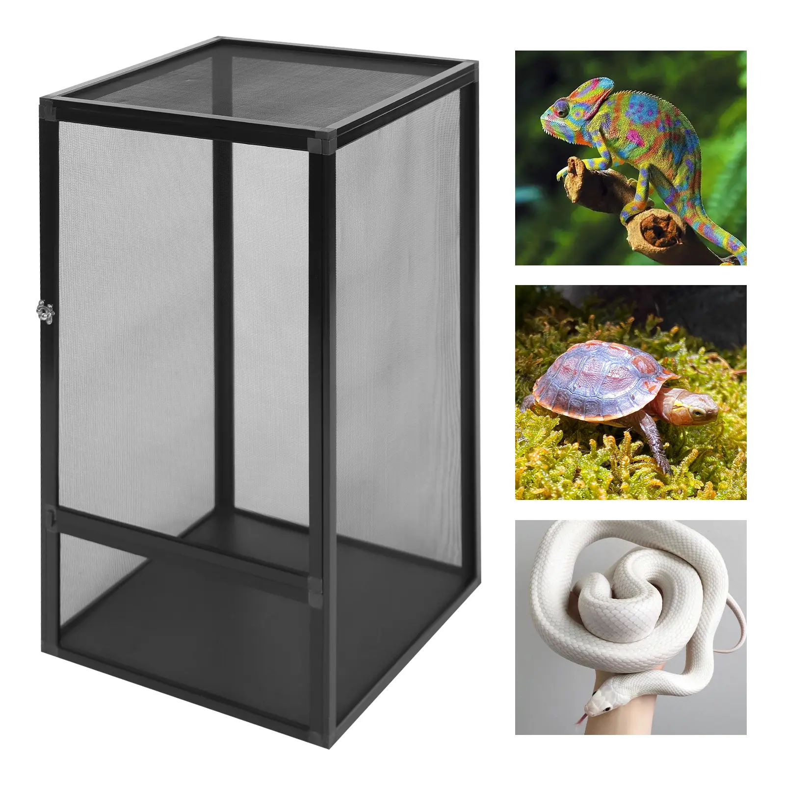 Black Aluminum Alloy Reptile Enclosure (45x45x80cm, 20kg Load) - Rectangular Ventilated Net Tank, Durable for Lizards, Snakes