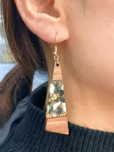 Boho Vintage Resin Wood Gold Foil Earrings, Copper Material, Elegant Women's Fashion Dangle Earrings, Natural Wood Texture Design
