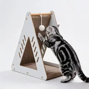 Minimalist Triangle Cat Scratcher House, 2-in-1 Corrugated Cardboard Cat Bed with Interactive Pom-Pom Toy, Durable Vertical Cat Scratching Pad & Hideaway Cave for Indoor Cats, Protect Furniture & Relieve Anxiety