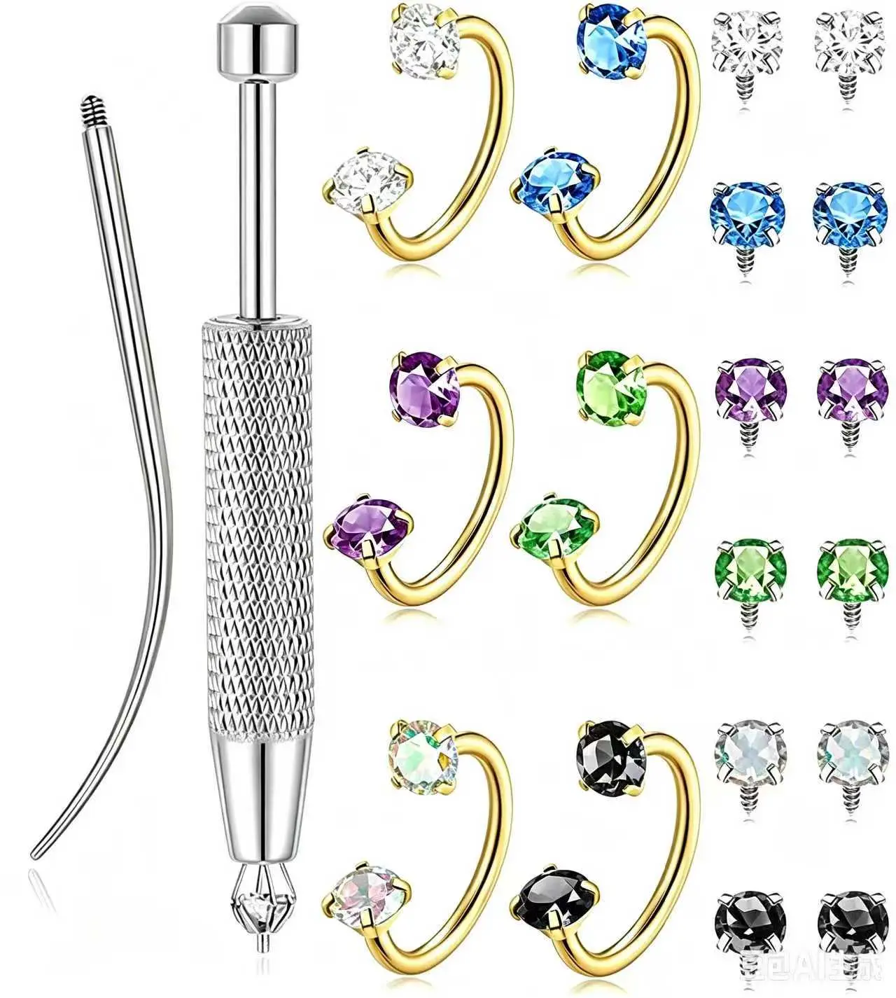 Unisex 6pcs Value Pack 316L Medical-Grade Titanium Steel 18G 1.0mm Internally Threaded Gem-Set Hoop Nose Ring, Horseshoe Design with Free Ball Holder & Insertion Tool - Nose Piercing Jewelry
