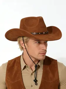Men's Wide Brim Suede Cowboy Hat, Versatile Stylish Design, Vintage Metal Buckle Windproof Strap, Outdoor Horseback Music Festival