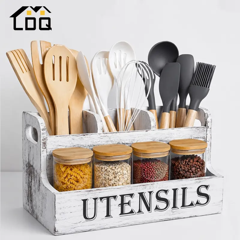 LDQ Extra Large Kitchen Utensil Organizer with 4 Compartments, White Wooden Kitchen Utensil Organizer for Kitchen Countertops, Farmhouse Utensil Storage, Rustic Cooking Utensils - White.