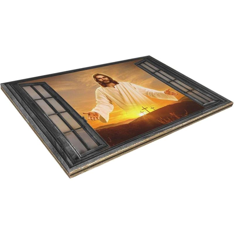 1 Count Jesus Christ Canvas Wall Art Jesus Greets You Welcome Back Window View Sunset Poster Christian Religious Modern Artwork Christ Spiritual Prints Framed Wall Decor For Bedroom Living Room 16x24inch