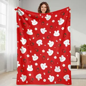 Cute Bunny and Strawberry Pattern Flannel Blanket  Adorable Cartoon Print  Soft Cozy Warm Lightweight Throw  Ideal for Bedroom Sofa Office Travel Picnic Decoration Gift Use summerwins