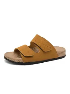 Men's Yellow-Brown Double Strap Velcro Platform Birken-Style Slippers: Suede Texture + Anti-Slip Wear-Resistant, Daily Home & Outdoor Sandals