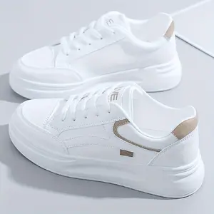 Women'S Platform Skate Shoes, Versatile Height Increasing Lace Up Low Top Shoes, Outdoor Walking White Shoes Plus Size