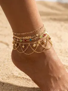 Bohemian Leaf Gem Anklet Set, 4 Piece Zinc Alloy Summer Beach Vacation Jewelry, Perfect Gift for Women, Stylish, Elegant and Tiered Layers Design