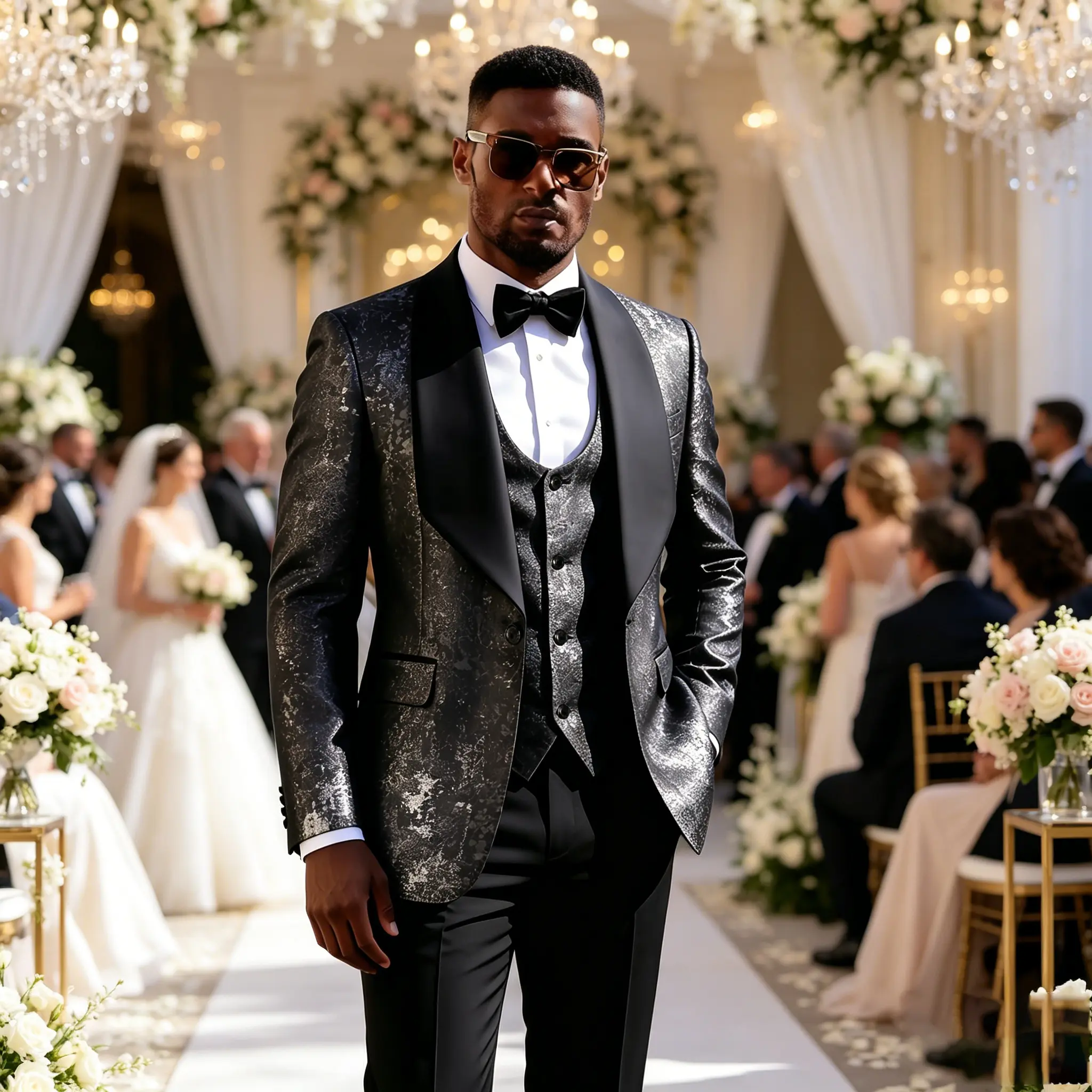 Men's 3-Piece Tuxedo Suit, Slim Fit Metallic Jacquard Blazer with a Satin Shawl Lapel, Matching Vest and Pants for Weddings & Prom, Long Sleeve, Pocket, Menswear, Set, Smooth, Turtleneck, Tie, Stylish, Fabric, Classic, Tapered