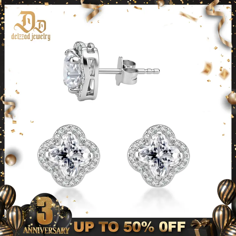 Delzzad Diverse Starlight Clover Earrings Lab-Created Moissanite Stud Earring S925 Sterling Silver Moissanite Jewelry Engagement Wedding Anniversary Perfect Christmas Gifts Hope Fortune