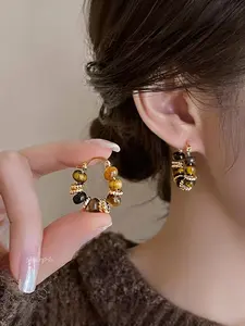 Elegant French Vintage Earrings, Geometric Tiger Eye Bead Design, Fashion Ring Studs for Women, Perfect for Autumn Winter Seasons