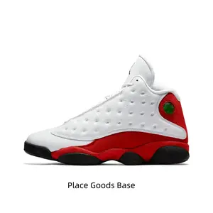 White and Red High-Top Retro Basketball Shoes, Tumbled Leather and Suede Upper with Holographic Cat Eye