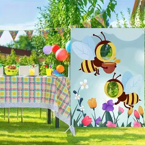 1 piece, 180*110cm，a lively bee-themed party photo booth prop, featuring cheerful bees and vibrant flowers, ideal for wedding, birthday, and family party backdrops, cake table decoration, and photo booth enjoyment, bee-themed decoration