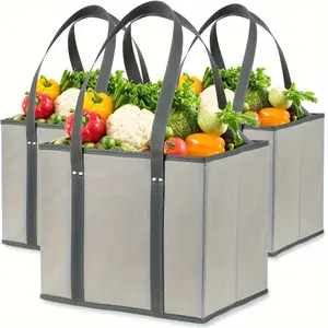 3pcs Heavy Duty Reusable Grocery Bags, Square Foldable Shopping Bags with Long Handles, Leak-Proof Polyester Tote for Christmas, Mother'S Day, Labor Day, Earth Day - Gray