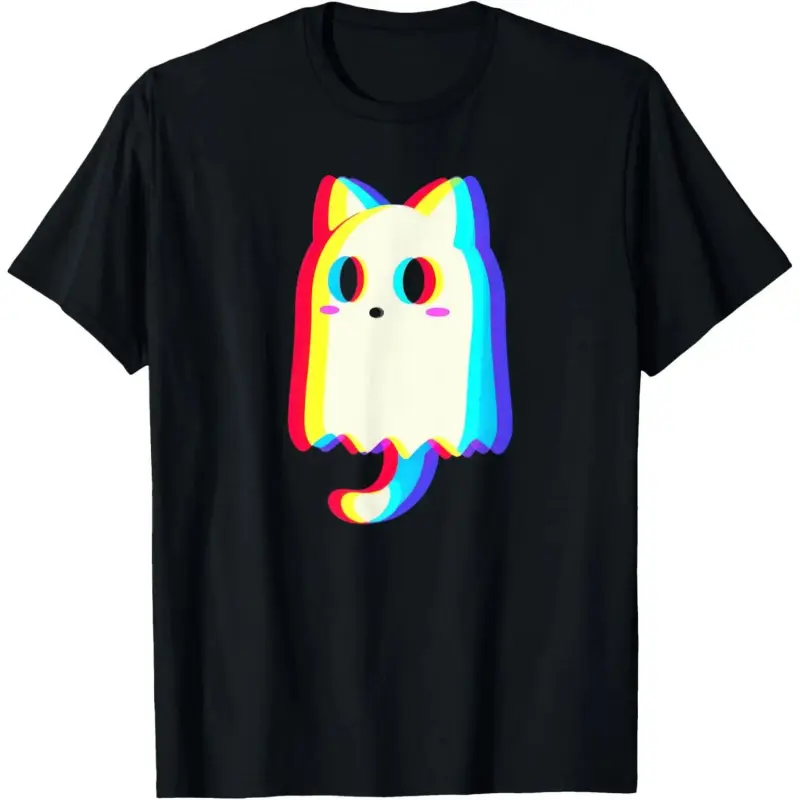 Unisex Casual T-Shirt - Trippy Vaporwave Ghost Cat Print, Regular Fit Short Sleeve, Machine Washable for Halloween, Rave Events (Sports & Outdoor Tops), Tshirt