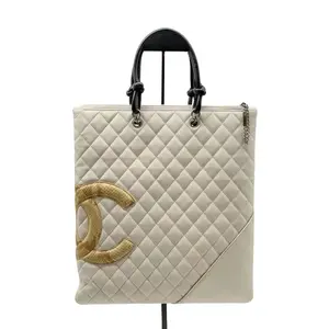 Pre-owned CHANEL Lambskin Tote Bags Vintage White Ligne Cambon Python Flat Tote Bag