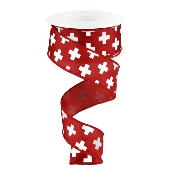 1.5" x 10yd Swiss Cross Ribbon – Red/White