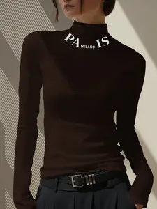 Women's Y2K Warm Long Sleeve Half High Neck Top, Chest Print Milano Letter Pattern, Casual Luxurious Fall & Winter Fitted Sweater