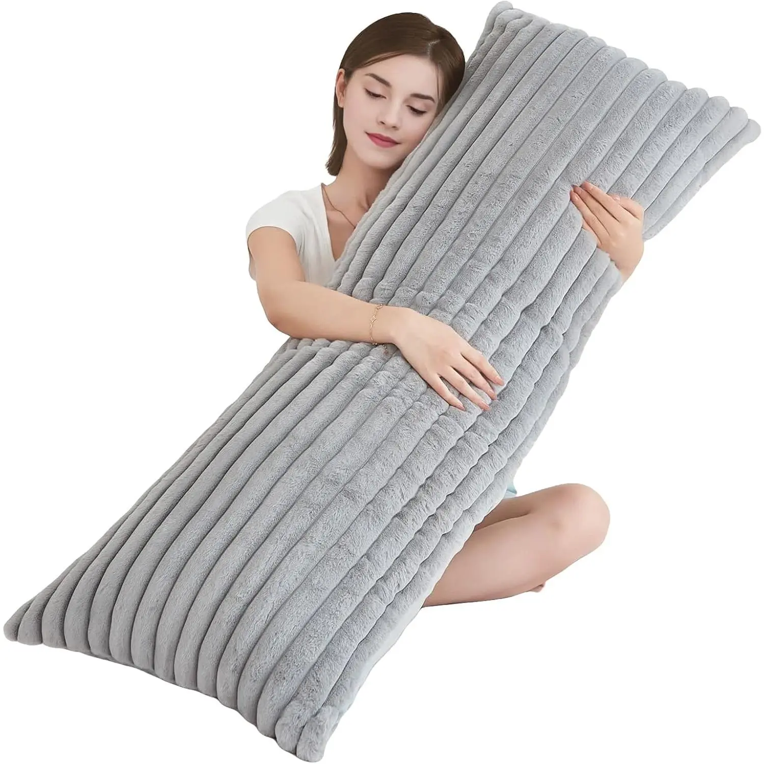 Full  Pillow with Fluffy Stripe Faux  Removable Cover, Long Bed Pillow Adult 20x54 Inches for Side Sleeper and , Gray.