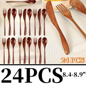 24 Pieces Wooden Utensils for Eating Wooden Spoon Fork Knife Cutlery Set Kitchen Wood Dinner Flatware Tableware Set Includes Wood Spoon, Fork, Knife