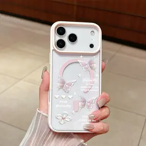 A Stylish Pink Butterfly-Themed Cartoon MagSafe Case Compatible with iPhone 17 Pro Max Air 16 16e 15 14 Plus 13 12 11 X XS Clear Acrylic Back Drop Protection Pocket-Friendly Cellphone Cover Gift
