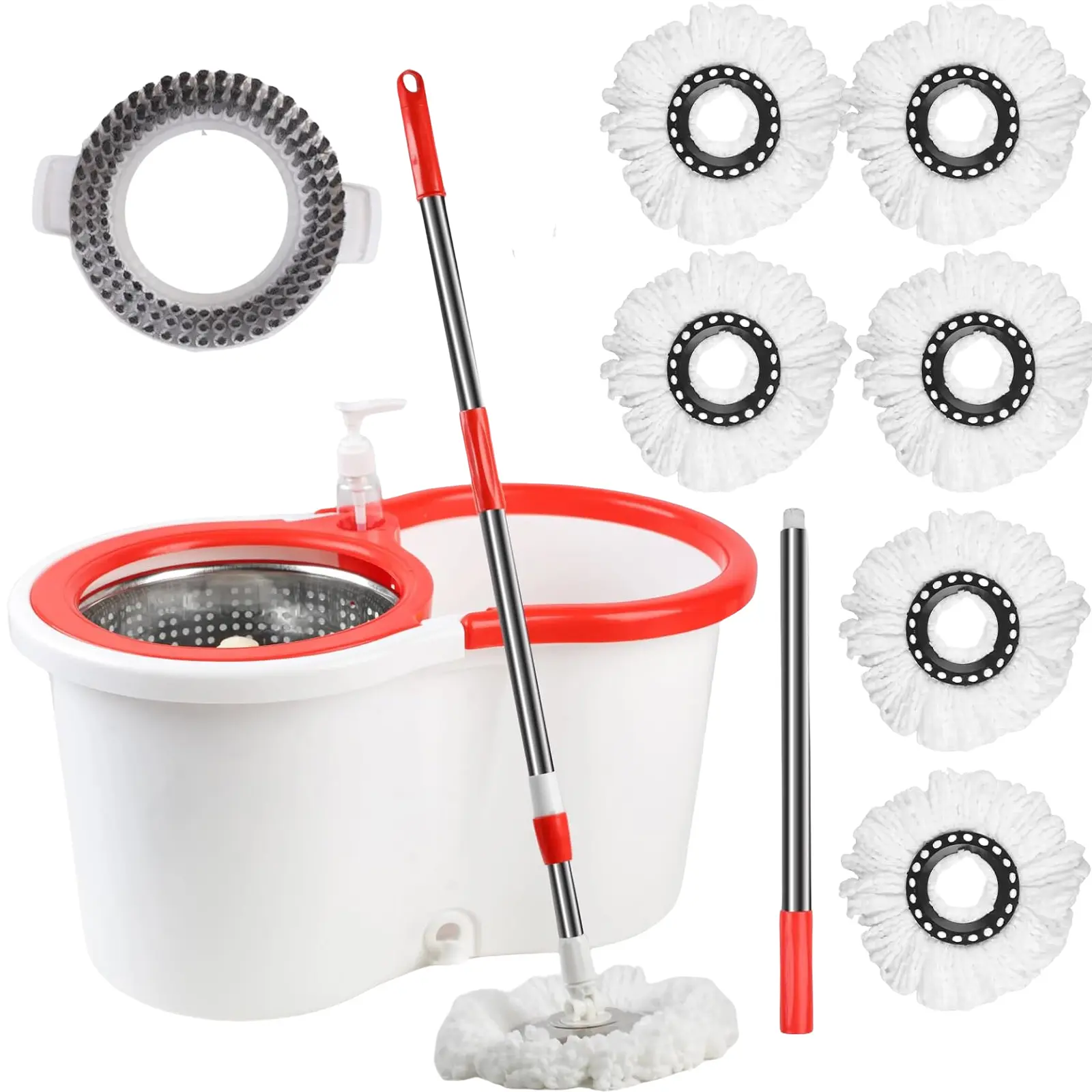 Spin Mop and Bucket with Wringer Set,360° Mop and Bucket System with 6 Microfiber Mop Refills and Floor Brush, 61" Extended Handle for Floor Cleaning (White)