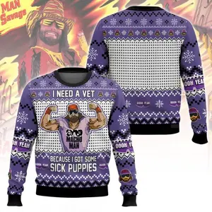 Macho Man Randy Savage Funny Ugly Sweater – I Need a Vet Because I Got Some Sick Puppies, Hilarious Wrestling Holiday Pullover, Retro Purple Xmas Party Outfit