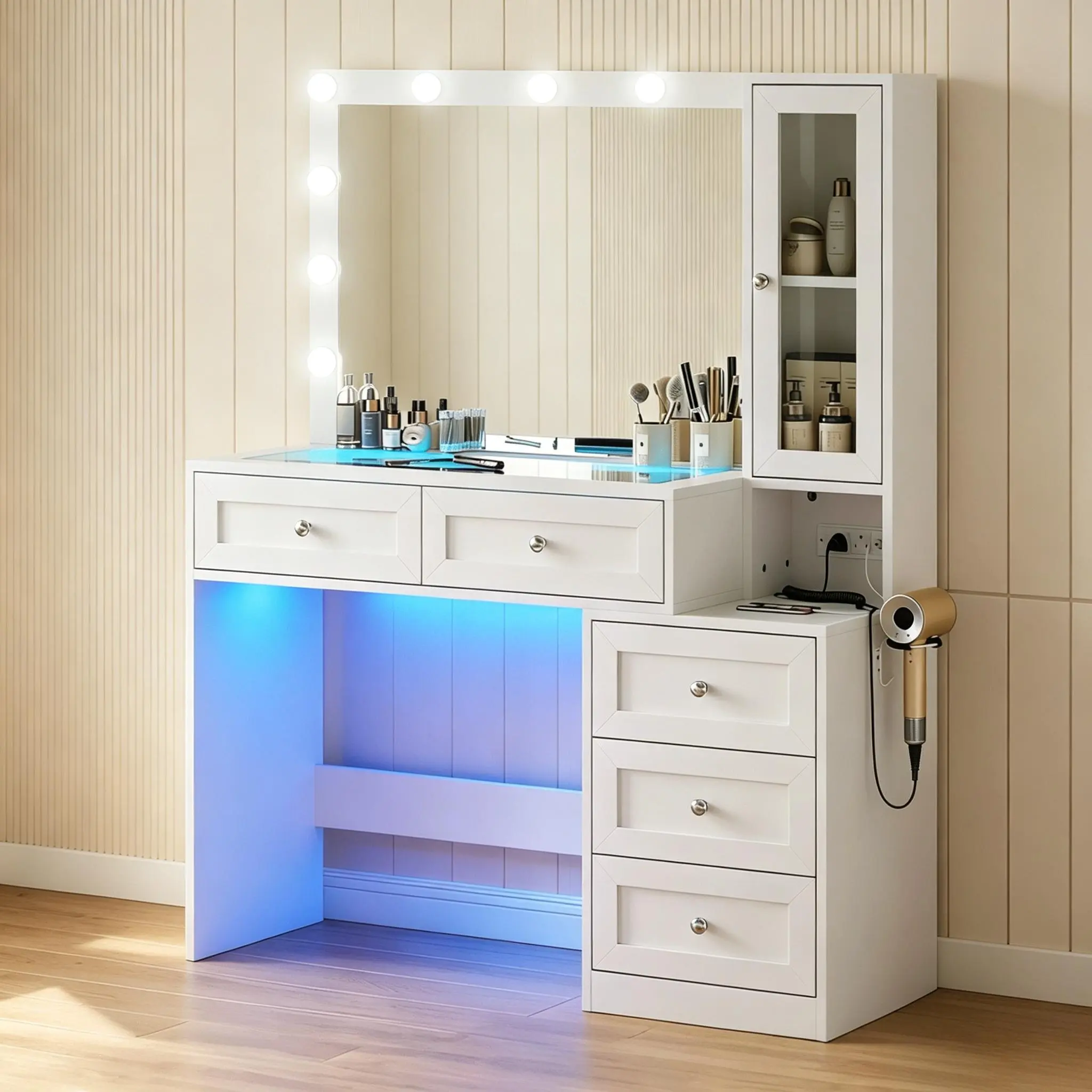 CollaredEagle Vanity Desk with LED Lights Mirror, Makeup Table with Power Outlet for Ladies and Girls, 35.43" RGB Light Makeup Desk with 5 Storage Drawers for Bedroom, Black modern corner white large led-lit