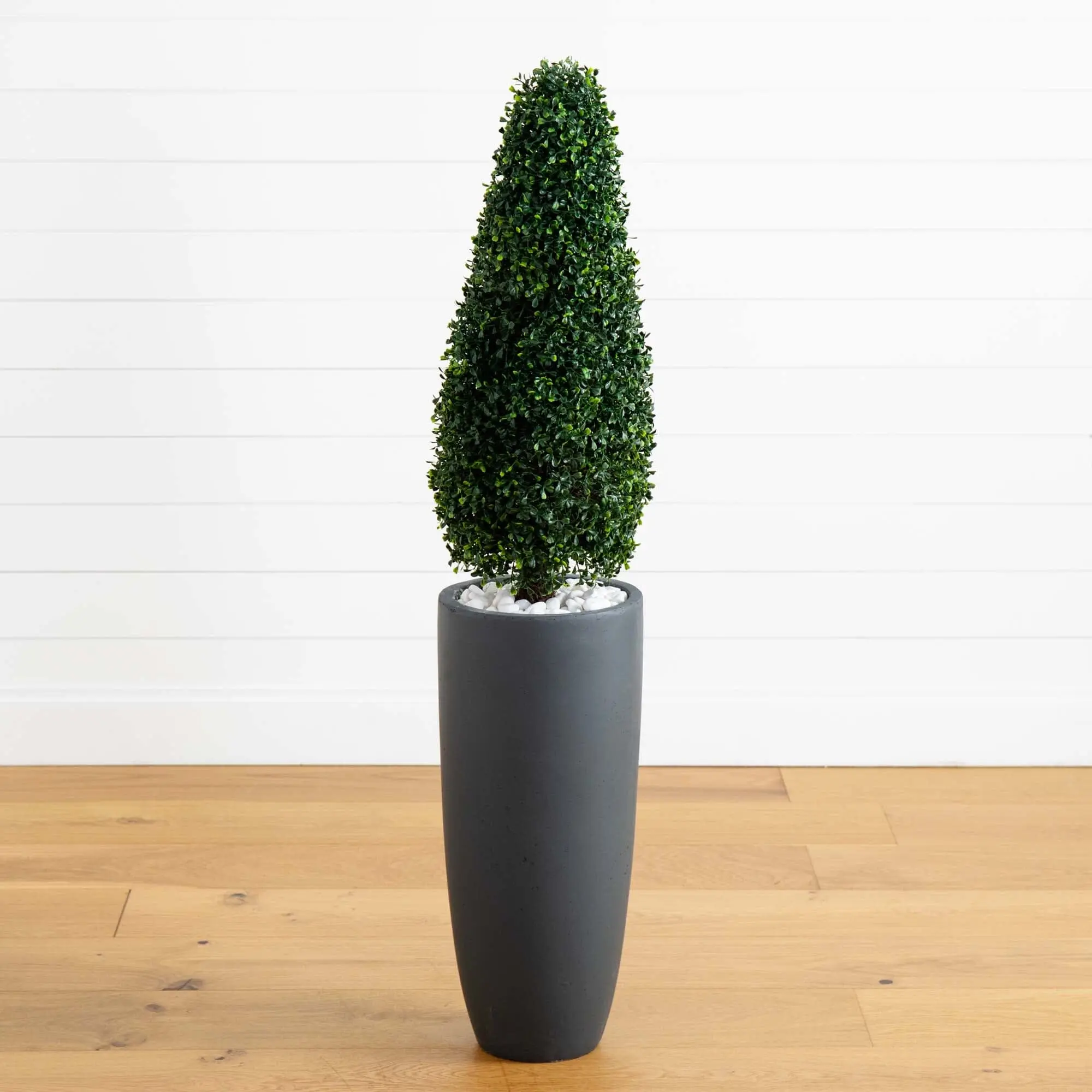 50-in Decorative Cone-Shaped Boxwood Topiary Artificial Potted Decor - Durable UV-Resistant Outdoor Faux Piece with Gray Cylindrical Planter, Botanical Plant Decor for Walkways, Indoor Use
