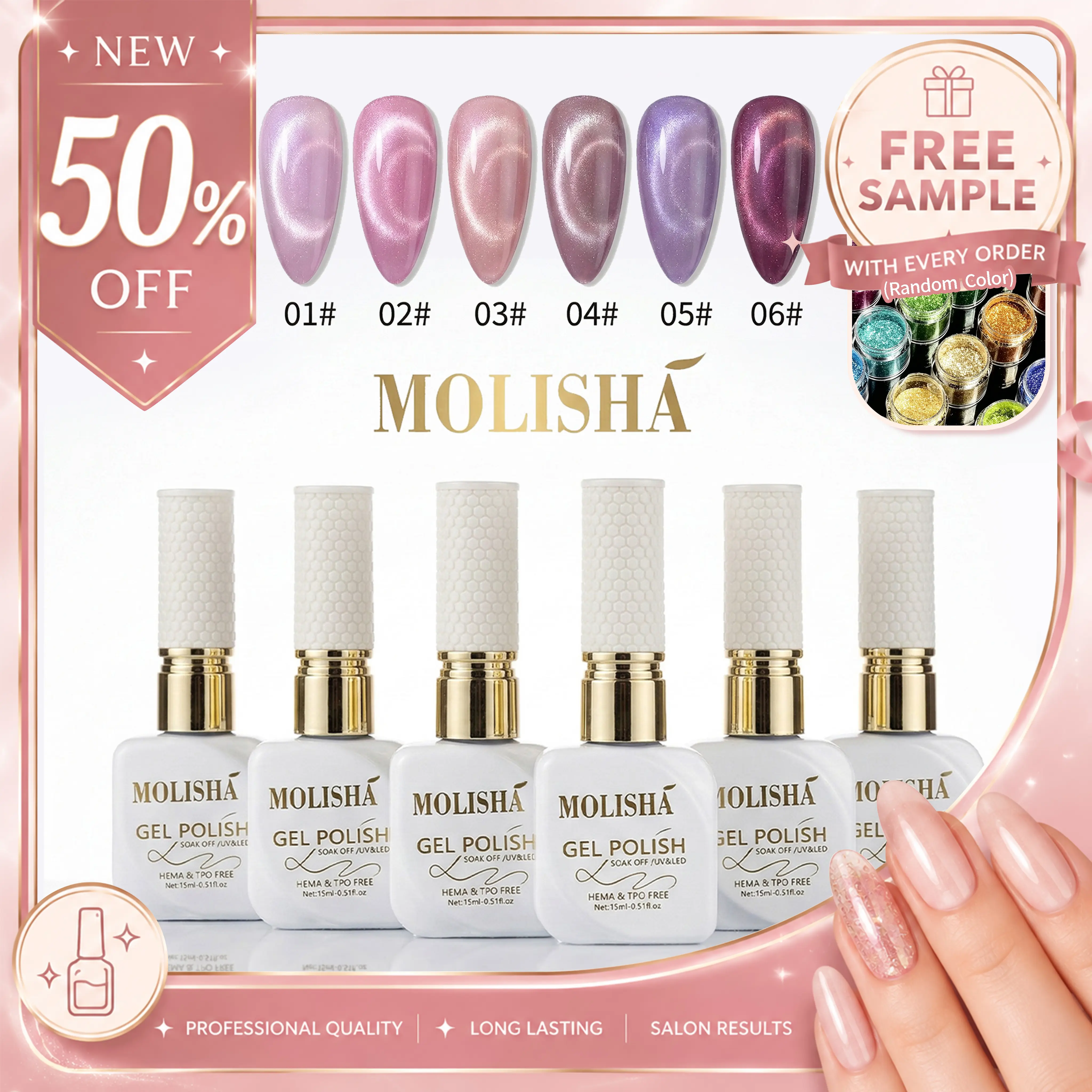 MOLISHA Cosmetic Gel Nail Kit - 6-Color Mermaid Princess Shell Magnetic Formula, Included Magnetic Tool, Nail Care Gift for Women’s Shiny Custom Art & Elegant Looks, Gel Nail Kits
