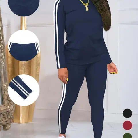 Women's Summer Round Neck Long Sleeve Workout Set, Classic Side-Stripe Top & Trousers, Casual Sportswear for Home and Gym, Sweatsuit Sets, Sporty Set, Sports Clothing Set, Sports Outfits
