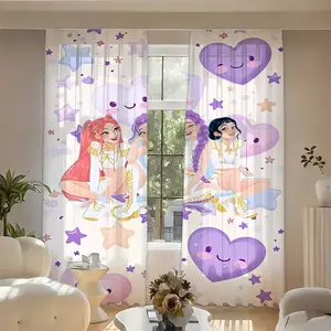 2pcs K-Pop Hunter Girl Group Heart Print Curtains, Blackout Sunshade Polyester Fabric, Kitchen Bedroom Office Living Room Decor, No Rod Included