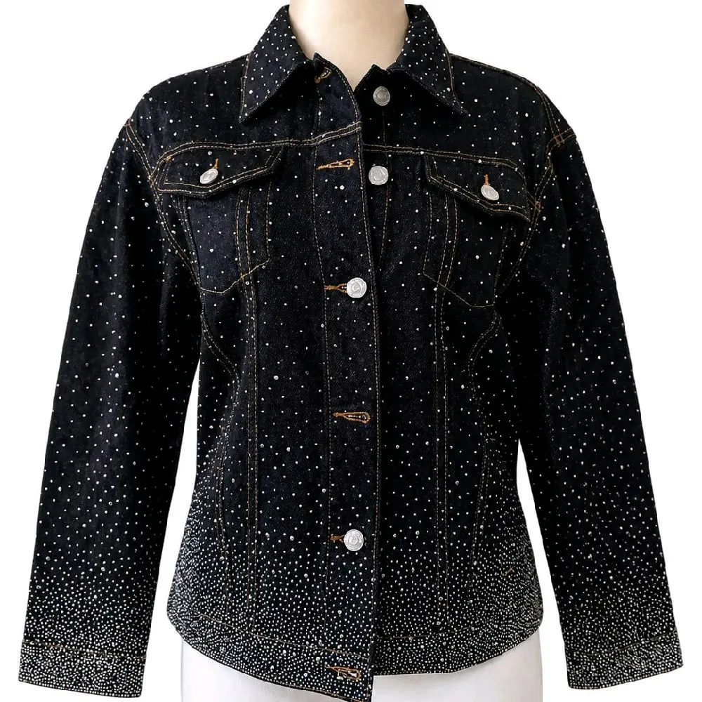Women's Classic Collared Neck Denim Jacket with Sparkling Rhinestones - Elevated Casual Coat with a Traditional Look, Everyday Wear, Rhinestone Dots, Long Sleeves, Regular Length, Classical Cut, Button-Up