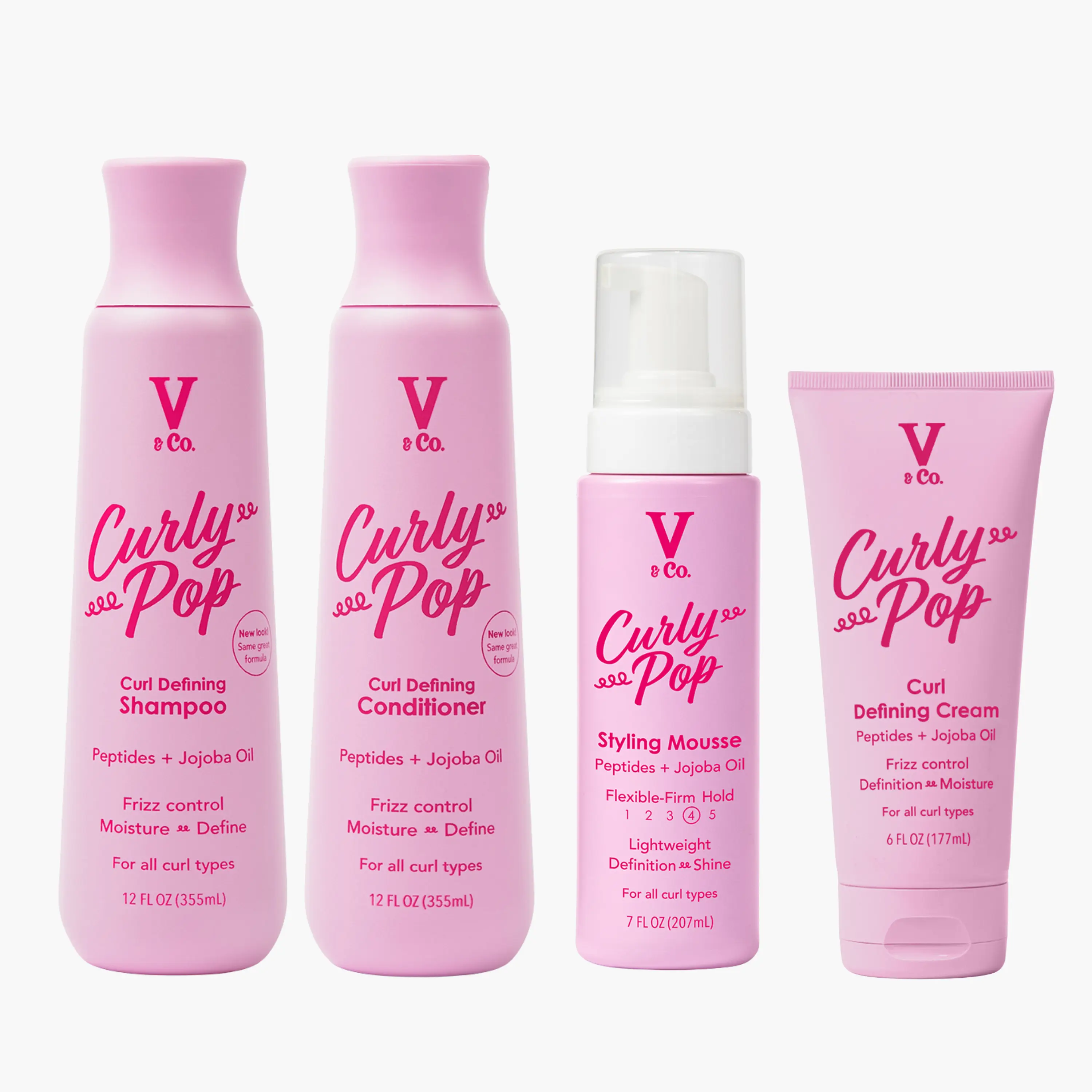 V&Co. Beauty Curly Hair Shampoo, Conditioner, Mousse and Cream Set with Peptide Technology, Enhances Curl Definition, Sulfate Free Conditioner and Shampoo for Naturally Curly Hair, Gentle, Color Safe