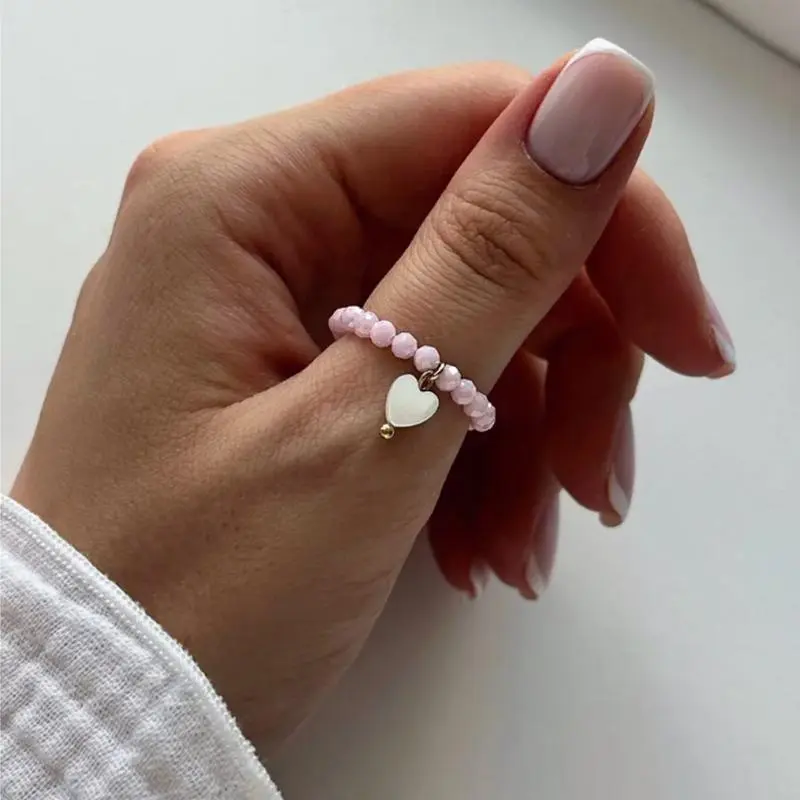 LATS Vintage Originality String of Beads Elastic Cord Heart Shape Shell Pendant Rings for Women Elegant Simulated Pearl Jewelry