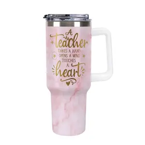 Pink Marble Teacher Tumbler, 40oz Vacuum Insulated Coffee Cup, A Teacher Takes A Hand Quote, Teacher Life, Back to School Essentials, Aesthetic Classroom Accessories, Daily Coffee Routine, Pink Gold Marble Texture