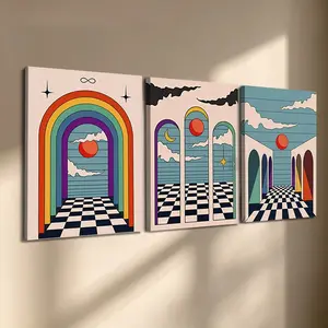 3 Pcs/Set Wooden-Framed Canvas Painting, Retro Rainbow & Archway Triptych Canvas Wall Art, 70s Vibe Checkerboard Print for Living Room, Bedroom, Office Decoration, Modern Home Decor, Fashion Artistic Ornaments, Artwork