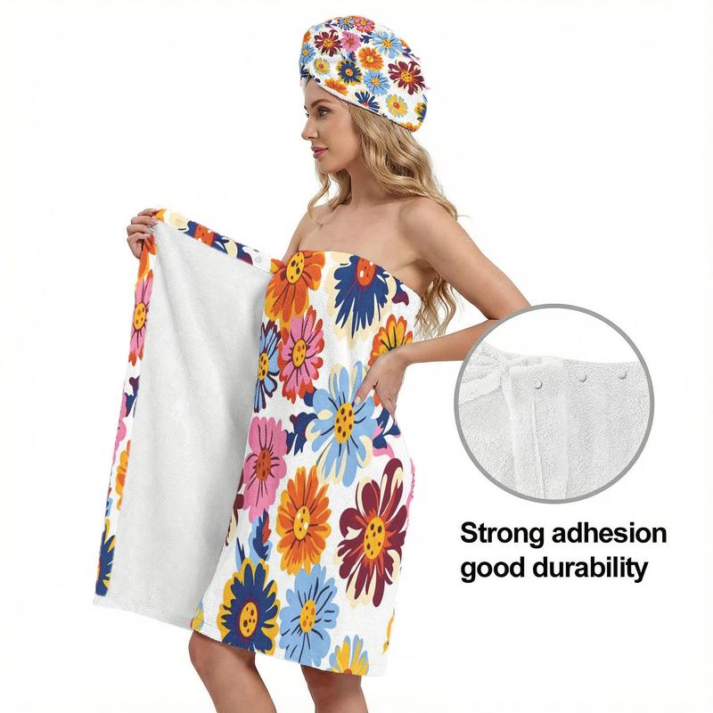 2pcColorful Floral Towel Dress for Women Strapless Post-Bath Spa Wrap Perfect for Showering Relaxation Poolside Bathroom Towel Dress with Head Wrap Adjustable Shower Wrap Towel with Home Hotel Bath Towel Nightgown for Sauna Beach Pool Gym Travel
