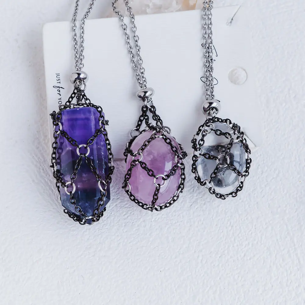 Amethyst Natural Crystal Adjustable Necklace - Black O Mesh Design, Point or Tumbled Stone Pendant