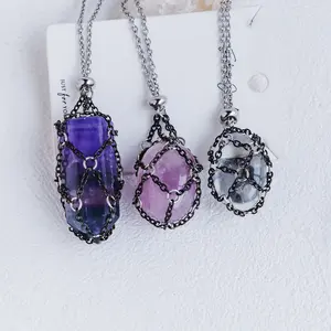 【Black O Mesh】Natural Crystal Adjustable Necklace【Point/Tumbled】