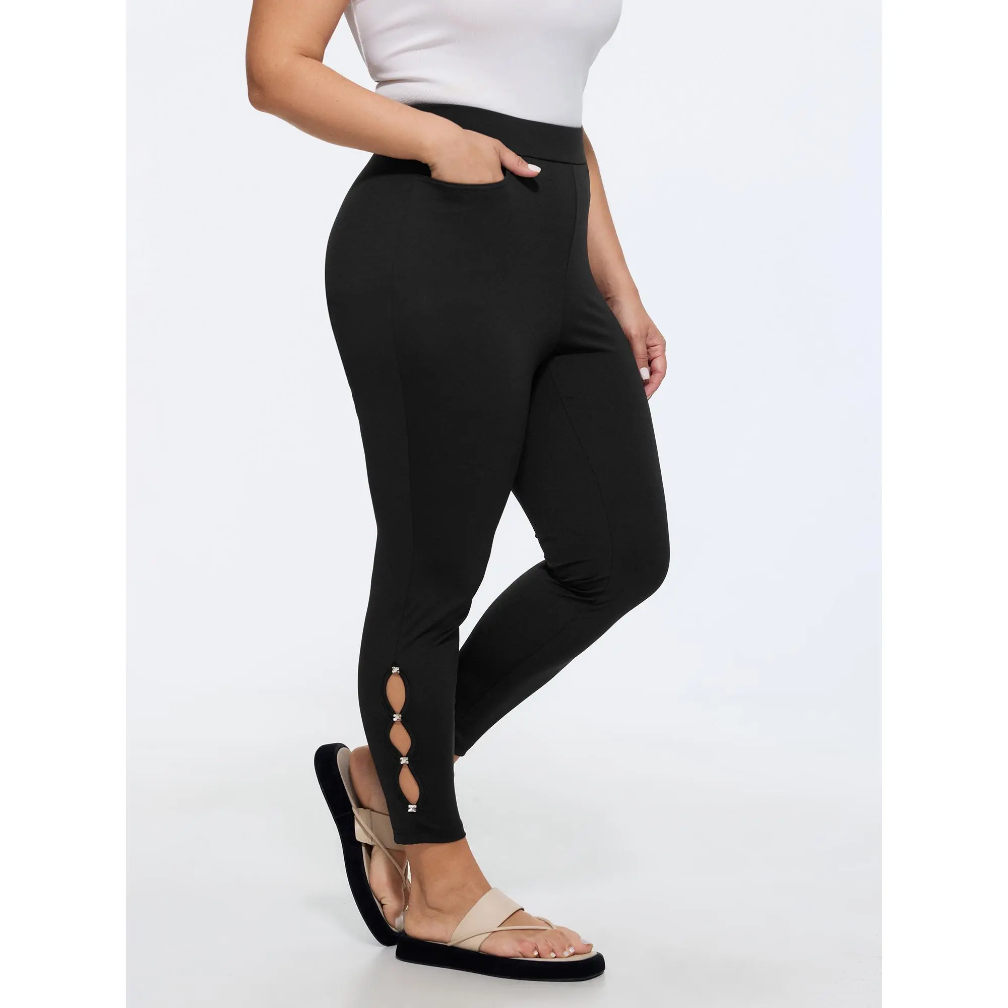 BloomChic Plus Size Solid Mid Rise Cropped Nylon Spandex Leggings with Rhinestone Cut-Outs and Side Pockets, Bottoms, Garment, Rhinestones, Fit, Cold Wash, Short Length, Casual, Basic, Stretchy Fitness Leggings
