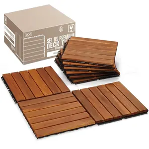 Interlocking Deck Tiles 12"x12", Acacia  Patio Tiles,  Flooring Tiles for Indoor and Outdoor - Non-Slip, Easy Installation ( - Striped , 9 count - 9 Square Ft)