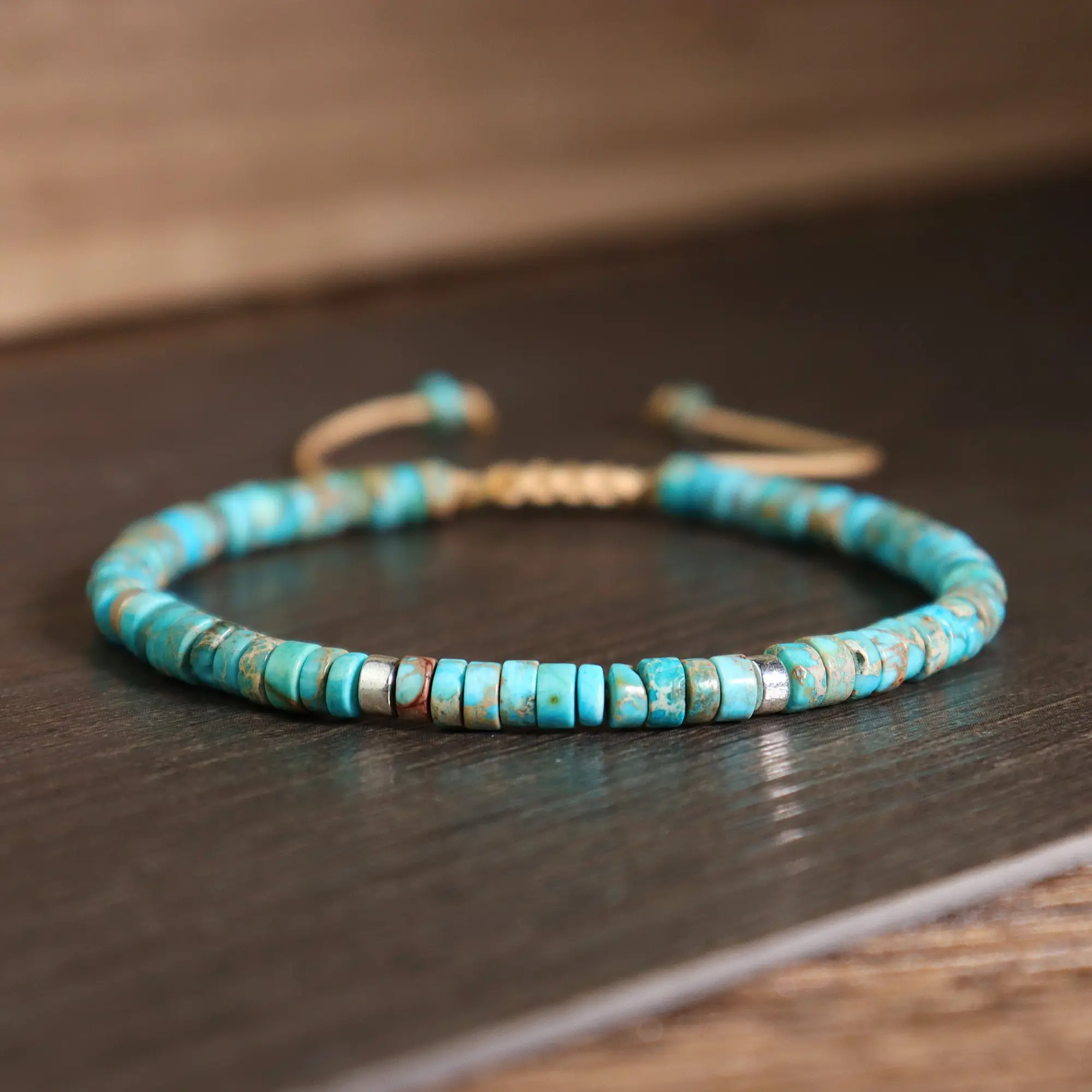 Natural Turquoise Stone Bracelet Healing Crystal Barrel Gemstone Braided Dainty Bracelet Handmade Minimalist Style for Daily Use Gift for her, gift fo