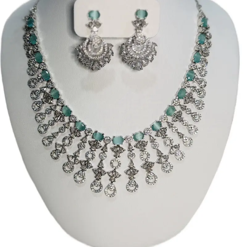 AD Necklace Set with Earrings Mint Color Elegant Jewelry Set for Women