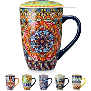 Ceramic Tea Mug with Infuser and Lid, 18 oz Bohemian Loose Leaf Cup, Microwave & Dishwasher Safe, Perfect for Tea/Coffee, Burnt Cobalt Mandala