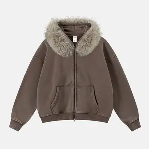 Inflation Unisex Boxy Croped Faux Fur Zip-Up Washed Hoodie Streetwear Hoodie Jacket