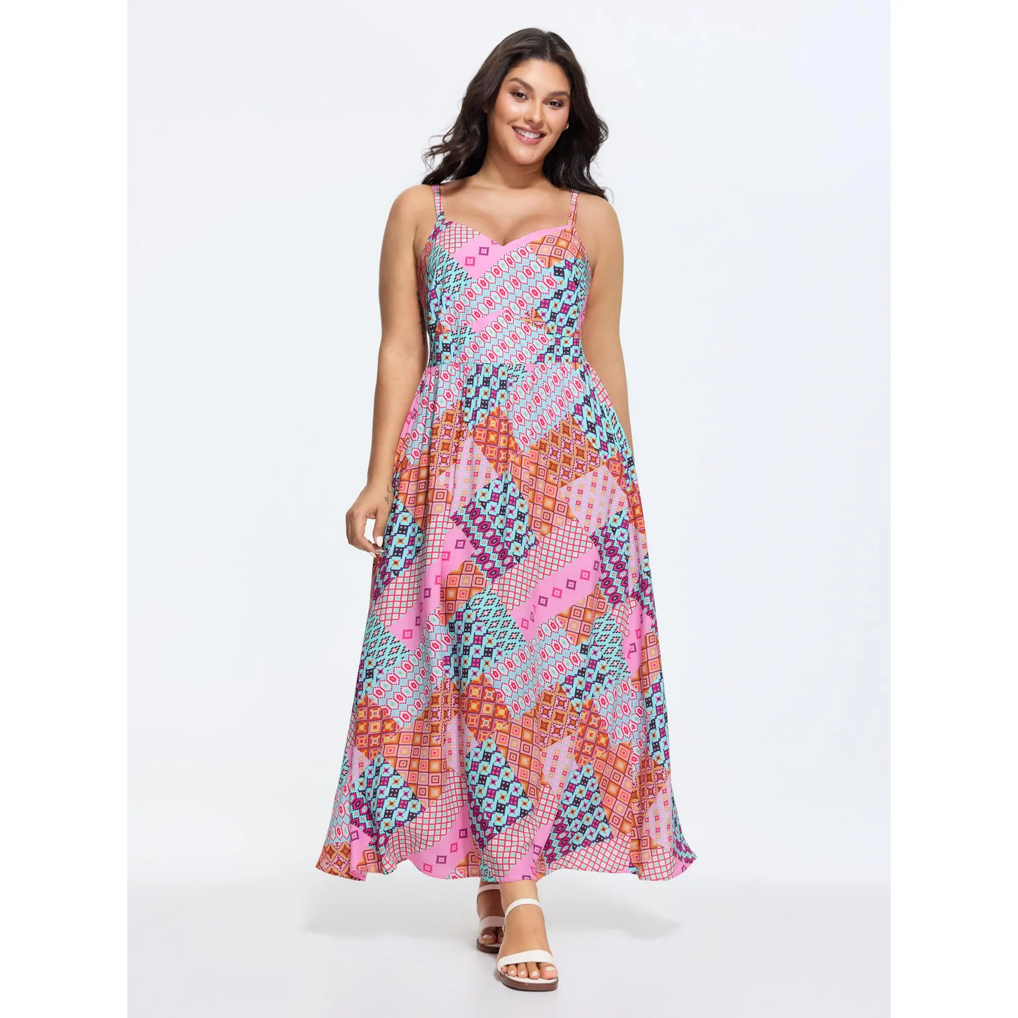 BloomChic Plus Size Casual Summer Maxi Dress, Sleeveless Collage Print Rayon Cami with a Shirred Bodice and Pockets, Fabric, Multicolor, Plus Size Flowy Casual Dresses, Fit, Women, Smooth, Garment, Style, Curvy Dresses Plus Size
